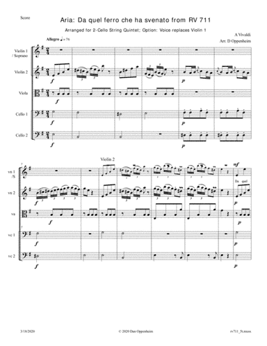 Vivaldi: Aria; Da quel ferro che ha svenato from IL FARNACE (RV 711) Arr. for 2-Cello Quintet; Optio (arr. Oppenheim, D)