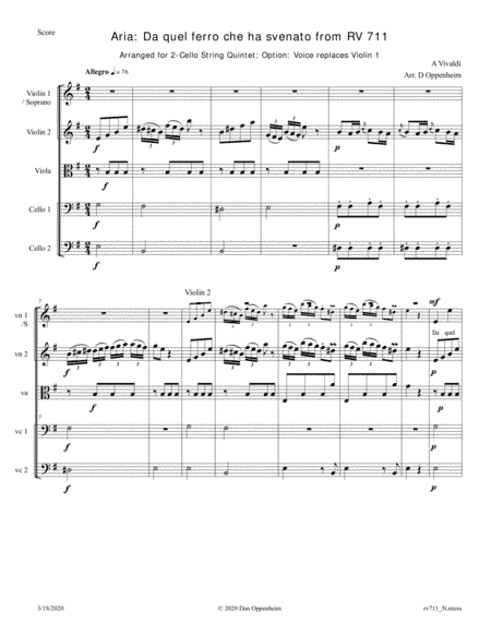 Vivaldi: Aria; Da quel ferro che ha svenato from IL FARNACE (RV 711) Arr. for 2-Cello Quintet; Optio (arr. Oppenheim, D)