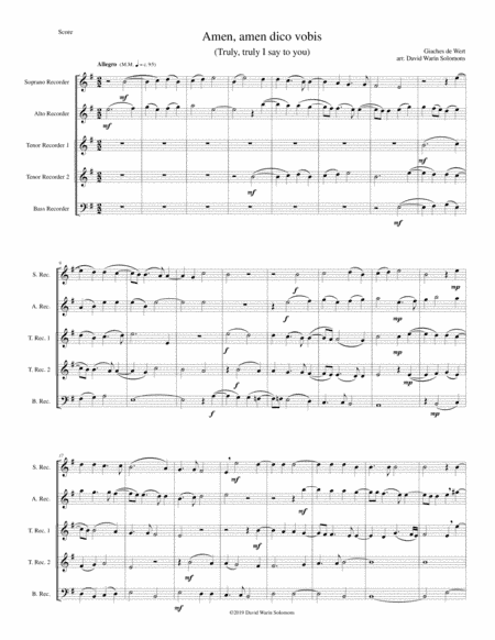 Amen Amen dico vobis (Truly truly I say to you) for recorder quintet (arr. David Warin Solomons)