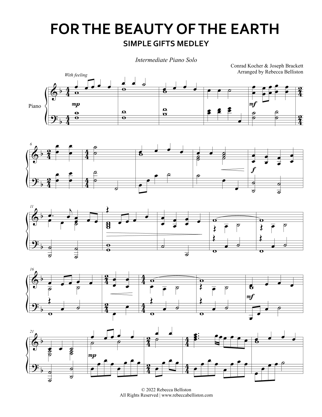 For the Beauty of the Earth/Simple Gifts (Intermediate Piano Solo) (arr. Rebecca Belliston)