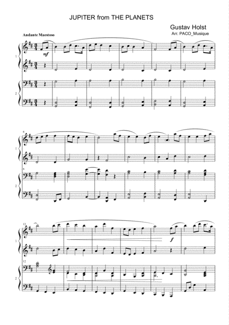 JUPITER from THE PLANETS  for 4 hands piano (arr. pacomusique)