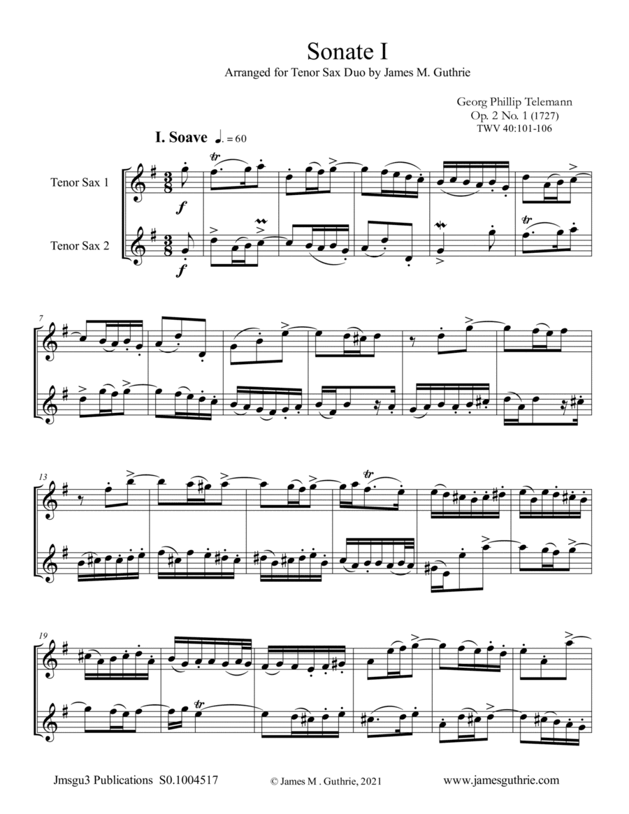 Telemann: Sonata Op. 2 No. 1 for Tenor Sax Duo (arr. James M. Guthrie)