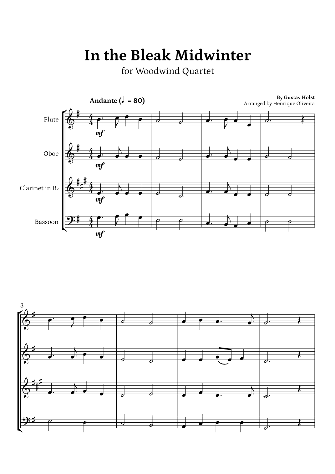 In the Bleak Midwinter (Woodwind Quartet) - Beginner Level (arr. Henrique Oliveira)
