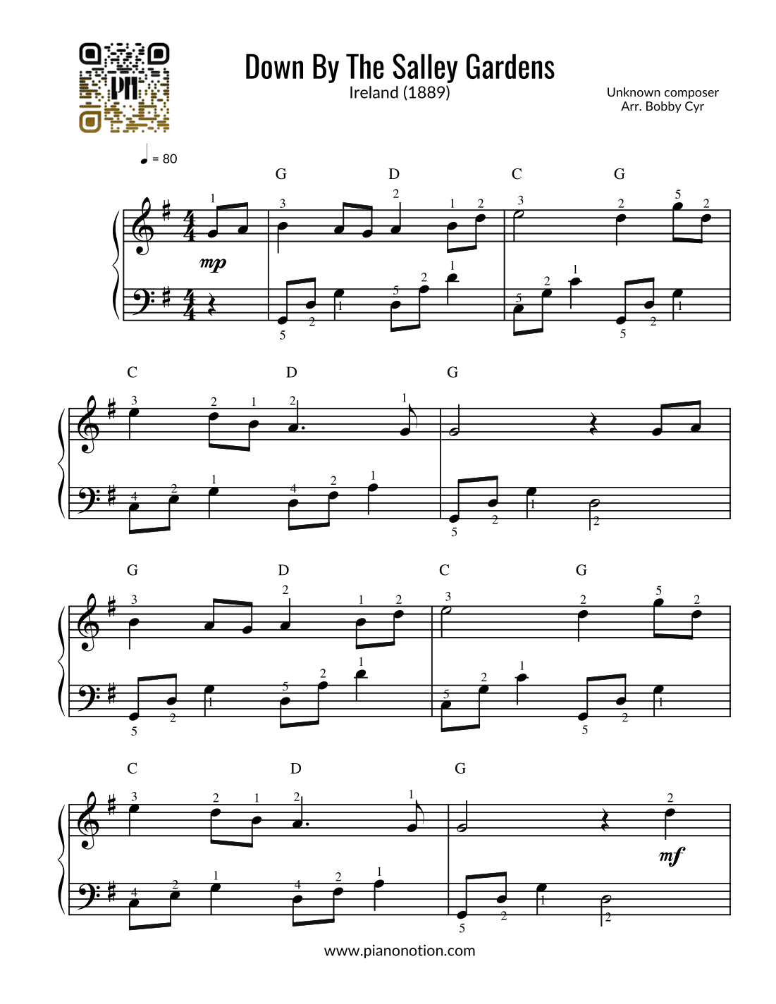 Down By The Salley Gardens (Easy Piano) (arr. Bobby Cyr - Piano Notion)