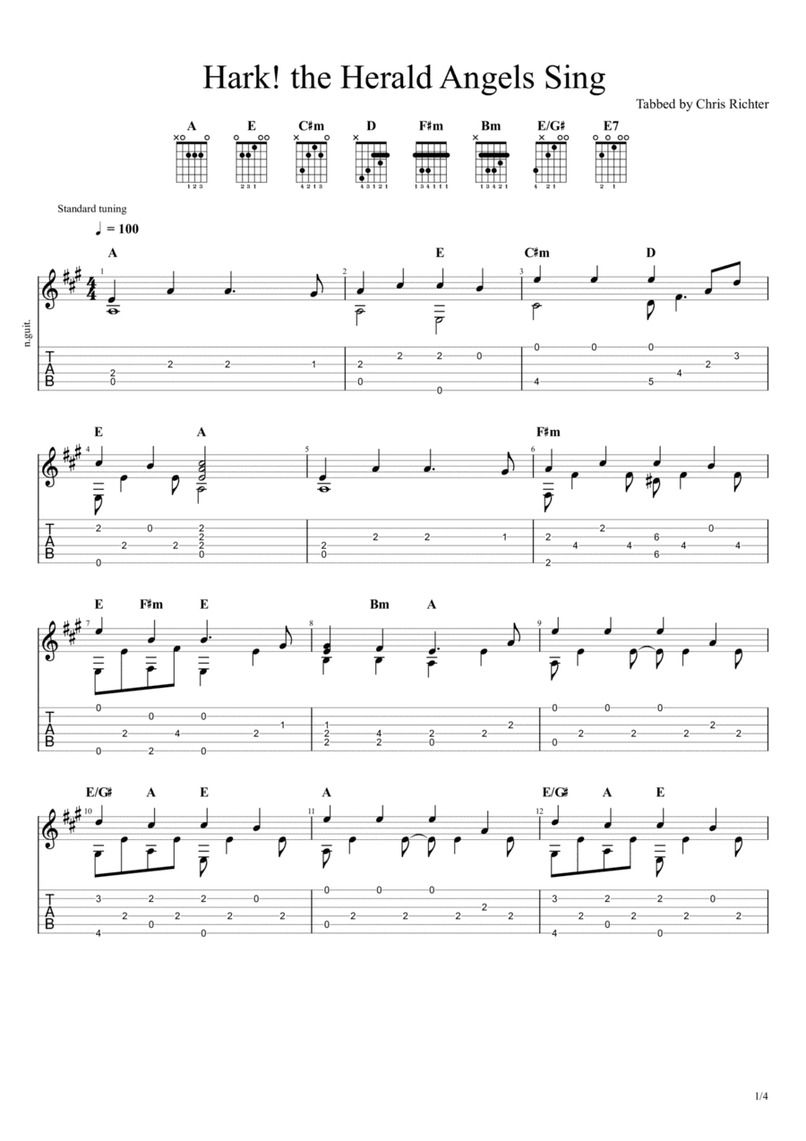 Hark! the Herald Angels Sing (Solo Fingerstyle Guitar Tab) (arr. Chris Richter)