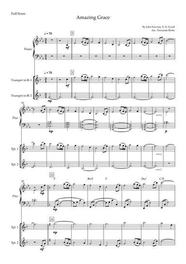Amazing Grace (John Newton, E. O. Excell) for Trumpet Duo and Piano Accompaniment with Chords (arr. Fernando Britto)
