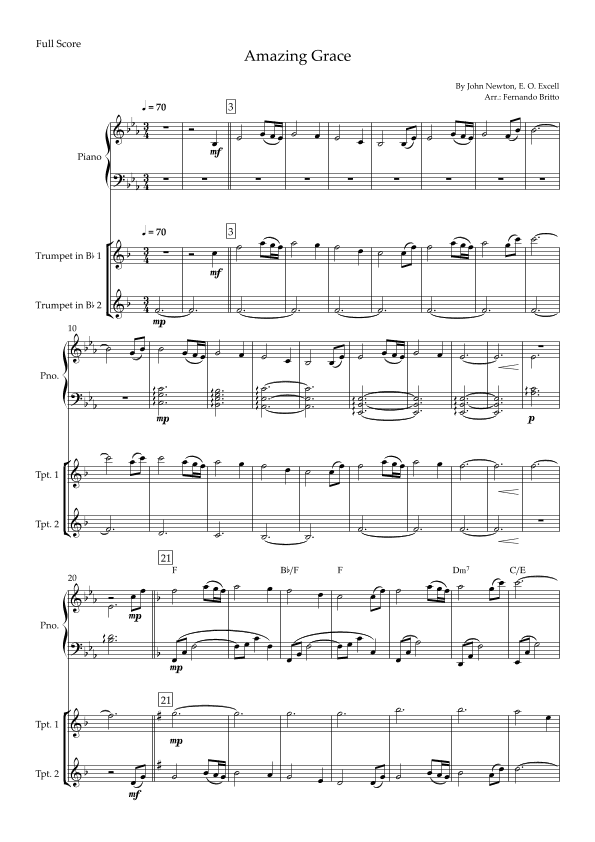 Amazing Grace (John Newton, E. O. Excell) for Trumpet Duo and Piano Accompaniment with Chords (arr. Fernando Britto)