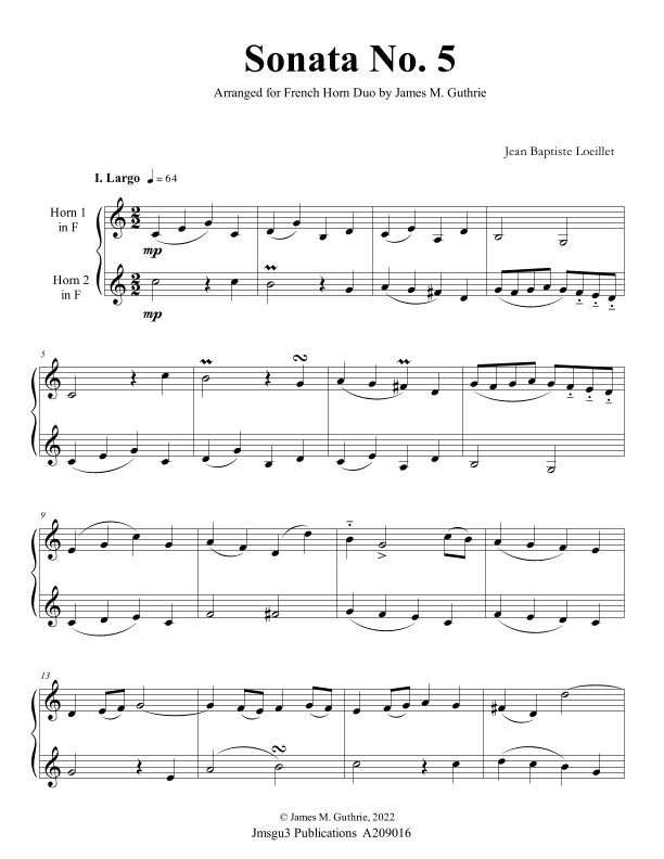 Loeillet: Sonata No. 5 for French Horn Duo (arr. James M. Guthrie)