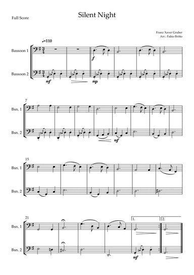 Silent Night (Christmas Song) for Bassoon Duo (arr. Fabio Britto)