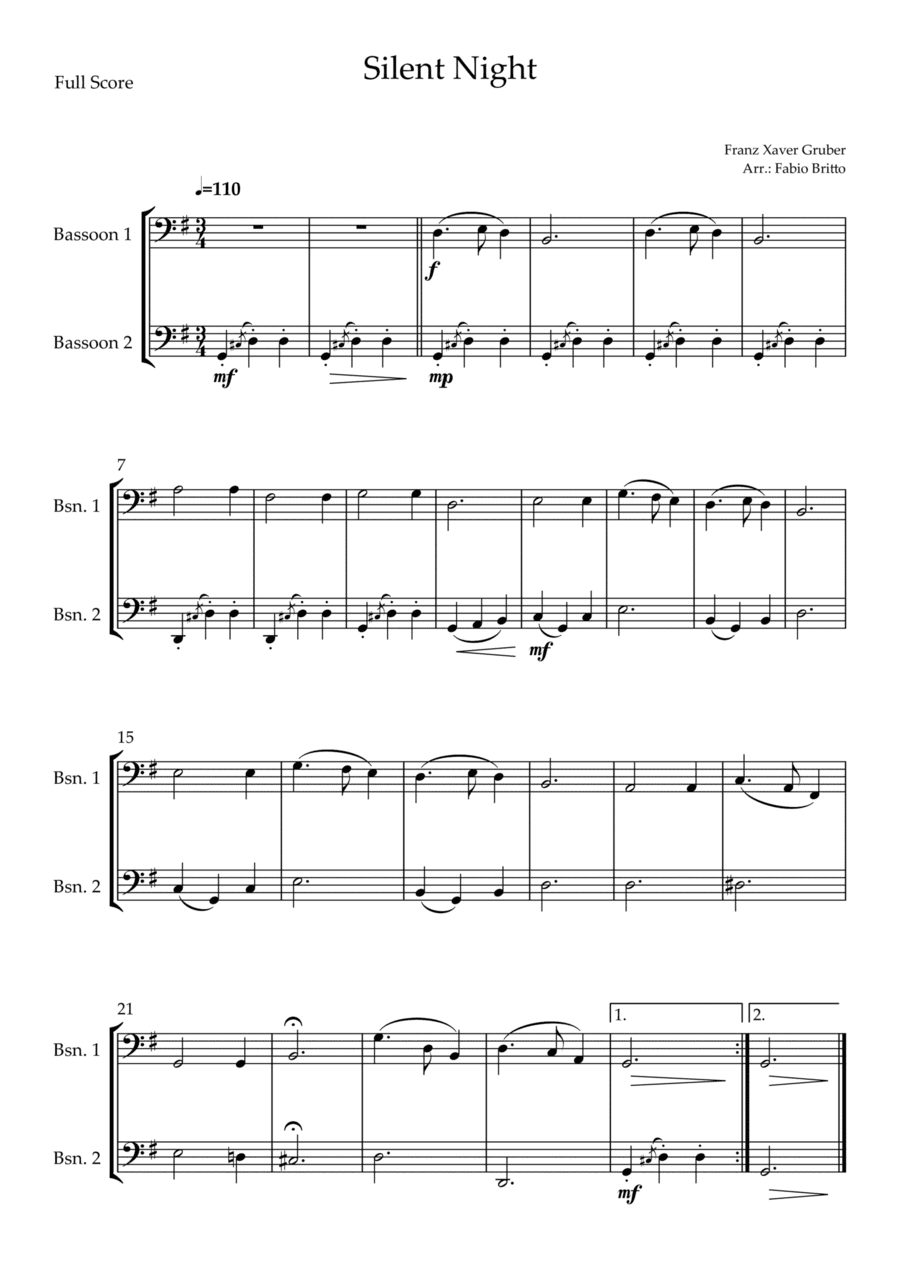 Silent Night (Christmas Song) for Bassoon Duo (arr. Fabio Britto)