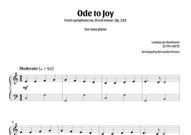 Ode To Joy (easy piano in C major – clean sheet music) (arr. Bernardo Pereira)