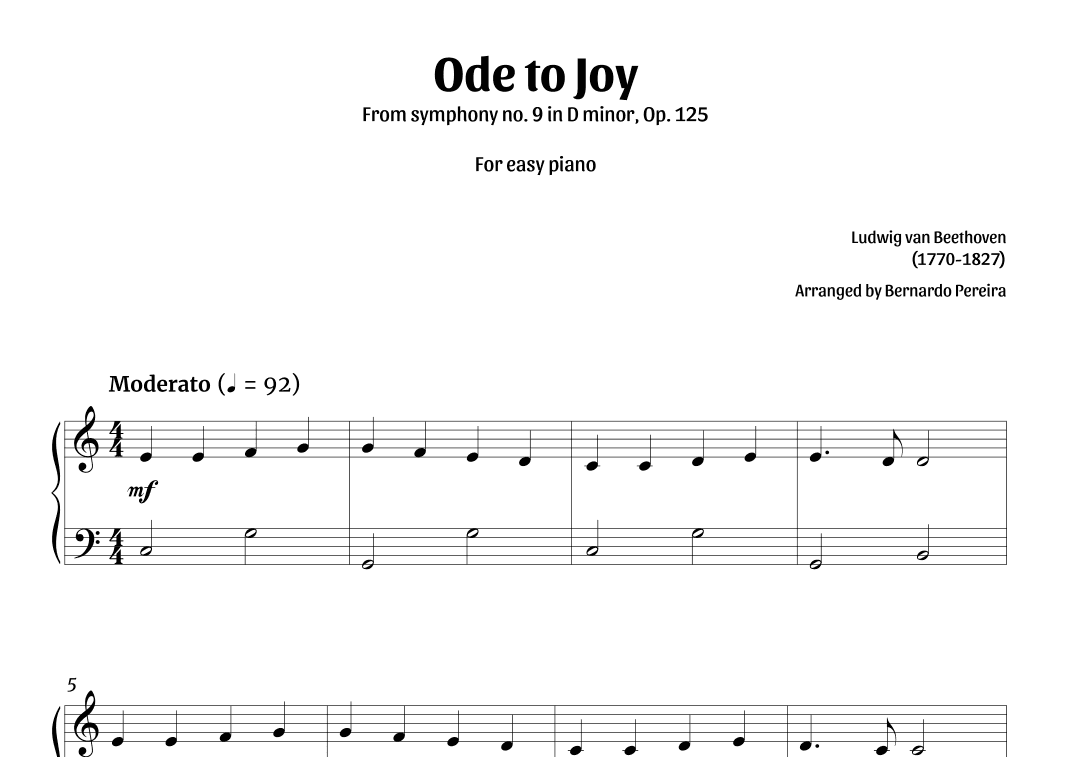 Ode To Joy (easy piano in C major – clean sheet music) (arr. Bernardo Pereira)