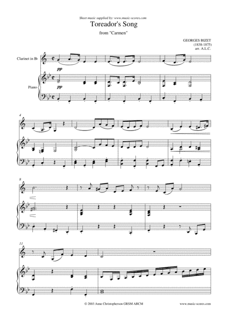 The Toreador Song from Carmen (short version) - Clarinet and Piano (arr. Anne Christopherson GRSM ARCM)