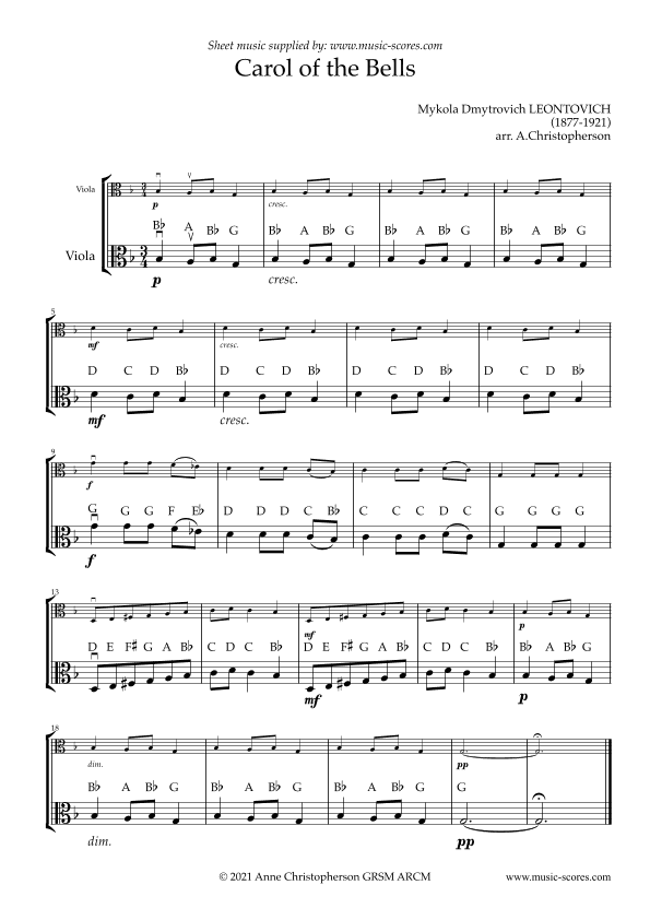 Carol of the Bells - Easy Viola with note names (arr. Anne L Christopherson GRSM ARCM)
