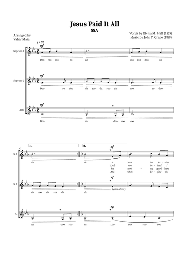 Jesus Paid It All - SSA Trio or Choir (arr. Valdir Maia)