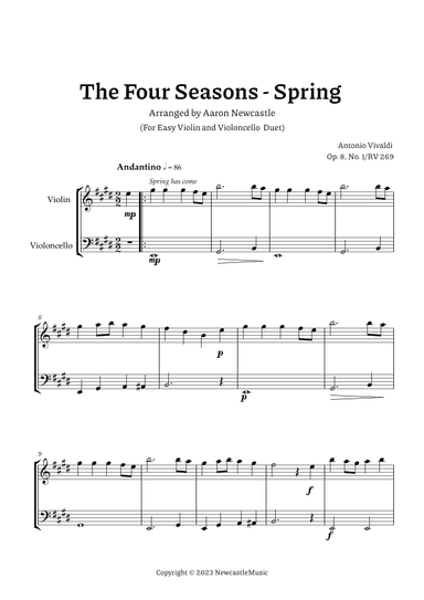 Vivaldi,Spring (The Four Seasons) — For Easy Violin and Violoncello Duet. Score and Parts (arr. Aaron Newcastle)