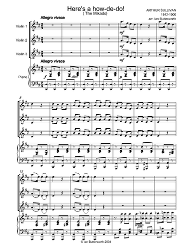 SULLIVAN Here's a how-de-do! (The Mikado) for 3 violins & piano (arr. Ian Butterworth)
