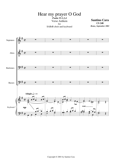 Hear my prayer O God - Sacred hymn Psalm 55,1-2-4 for SABrB and keyboard
