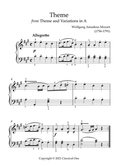 Mozart - Theme (from Theme and Variations in A)(With Note name) (arr. MPS)