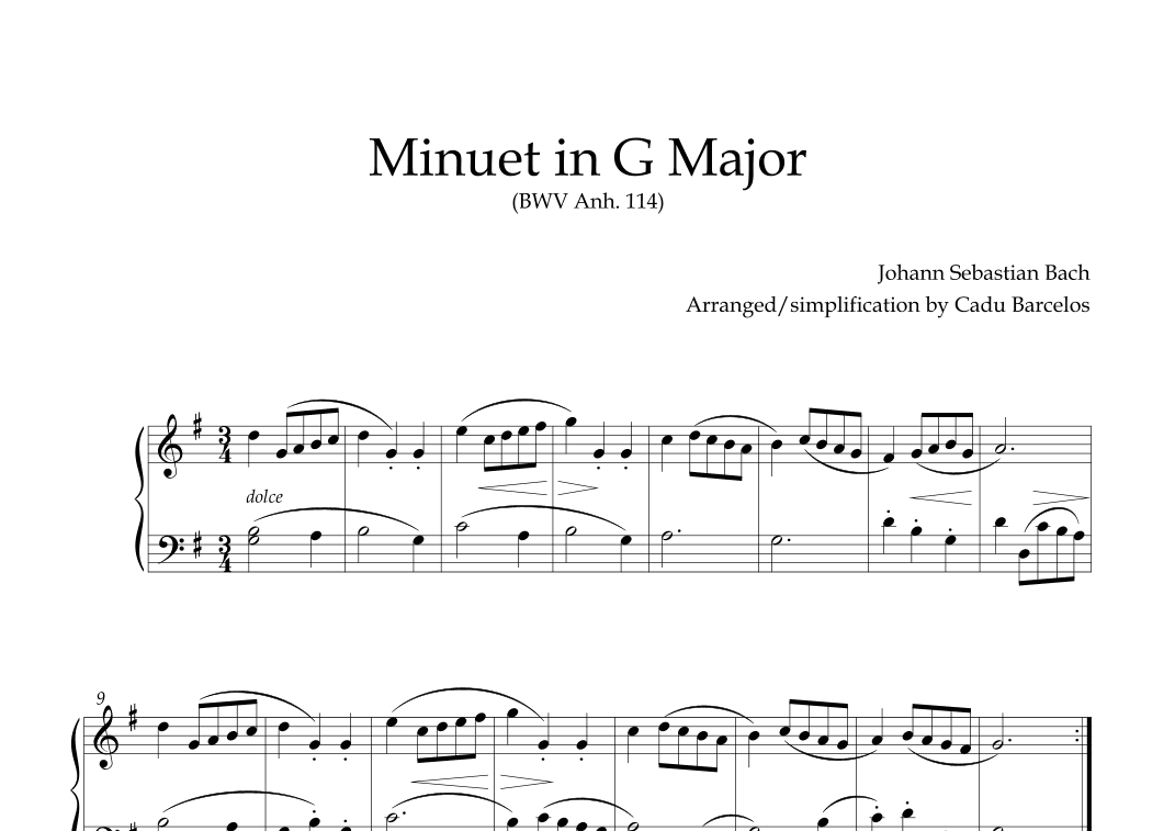 Minuet in G Major BWV 114 (Bach) Piano (arr. Cadu Barcelos)