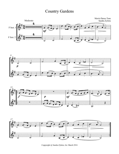 Country Gardens (treble F instrument duet, parts only) (arr. Sandra Zylstra)