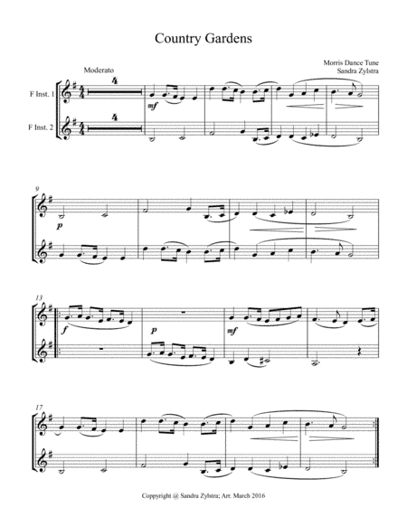 Country Gardens (treble F instrument duet, parts only) (arr. Sandra Zylstra)