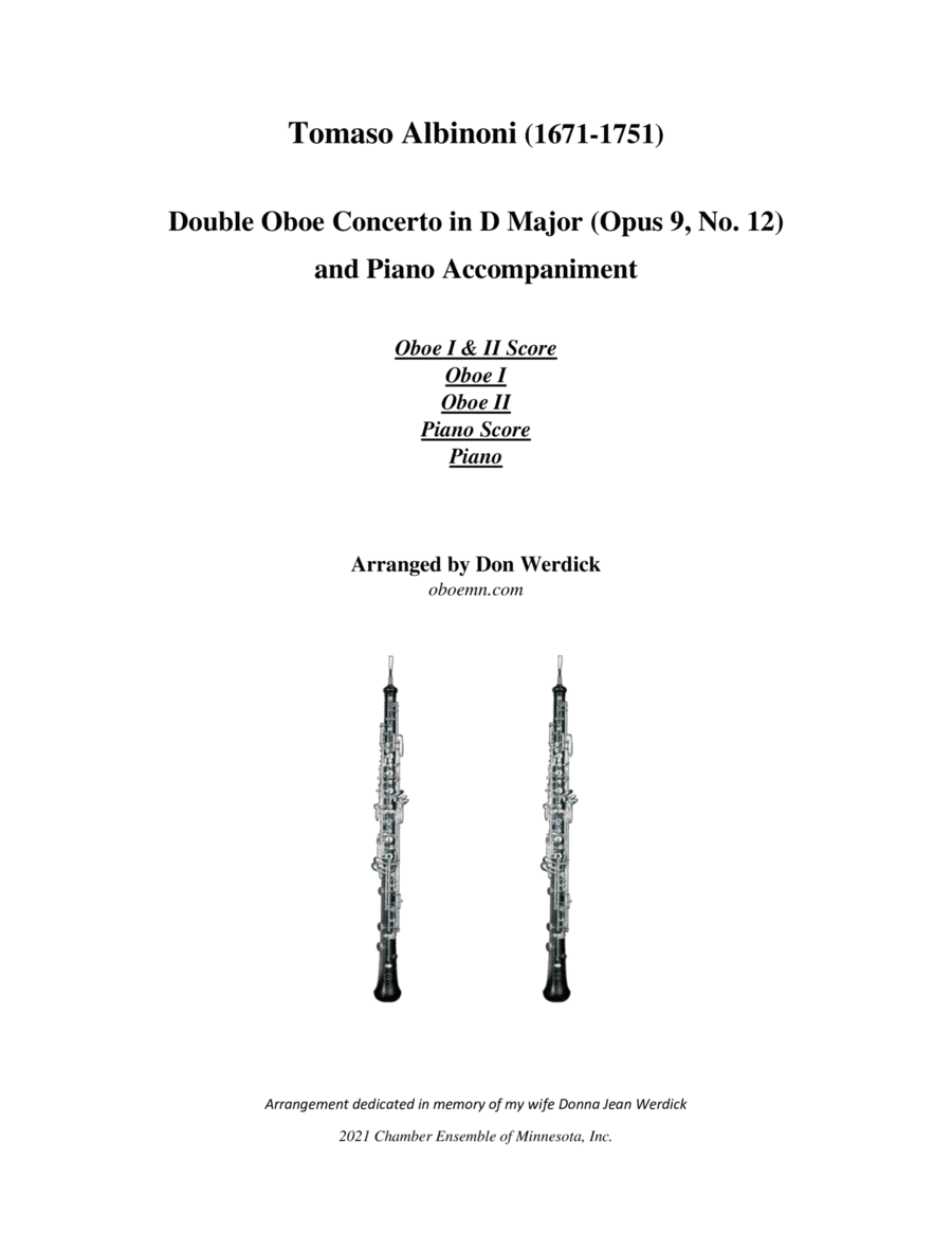 Double Oboe Concerto in D Major, Op. 9 No. 12 (arr. Don Werdick (1946 - ))
