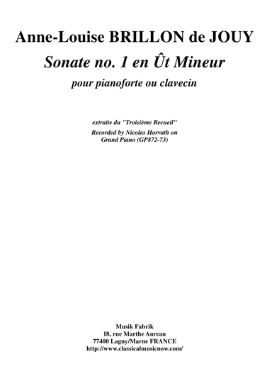 Anne-Louise Brillon de Jouy: Sonata no. 1 in c minor for piano or harpsichord (arr. Musik Fabrik Music Publishing)