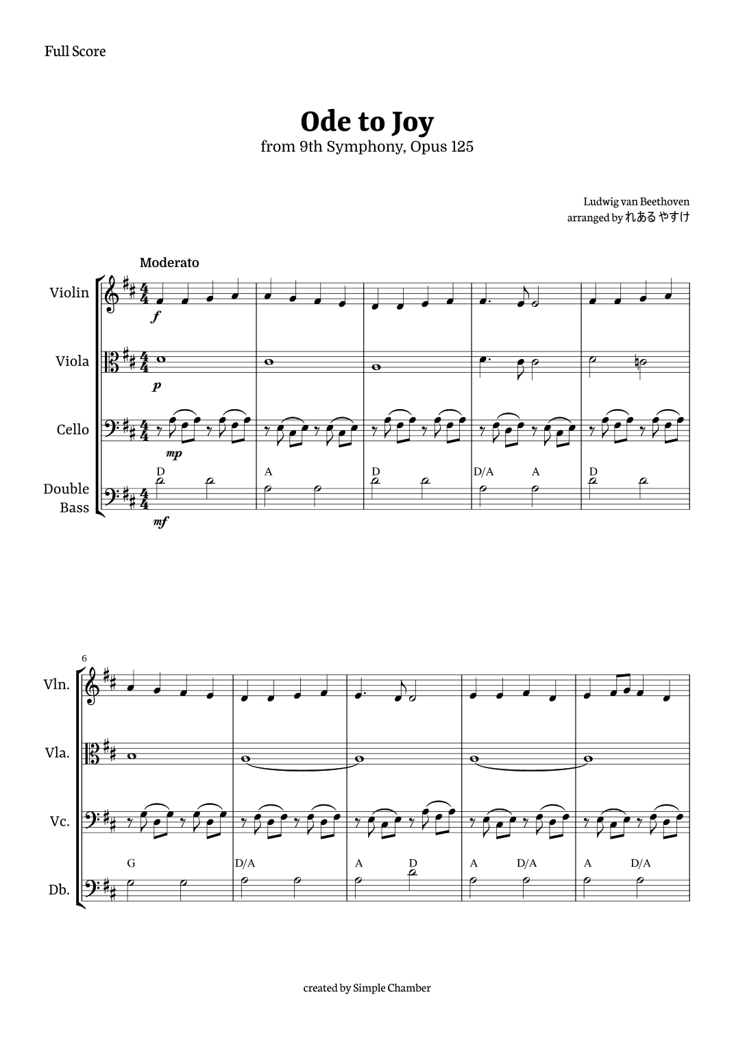 Ode to Joy for String Ensemble by Beethoven Opus 125 (arr. れある やすけ)