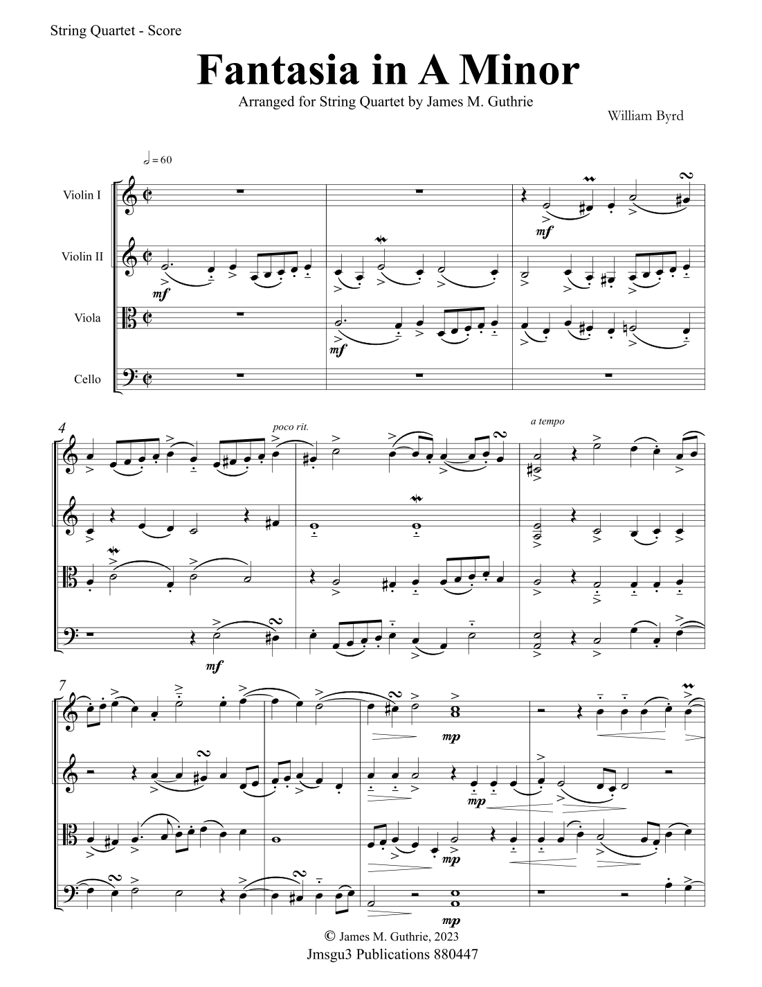 Byrd: Fantasia in A Minor for String Quartet (arr. James M. Guthrie)