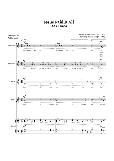 Jesus Paid It All - SSAA Quartet or Choir (Piano Accompaniment) (arr. Valdir Maia)