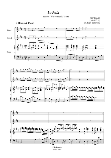 Händel: "La Paix from "Music for the Royal Fireworks" for 2 Flutes or 2 Horns in F and Piano (arr. Pavel Bakovsky)