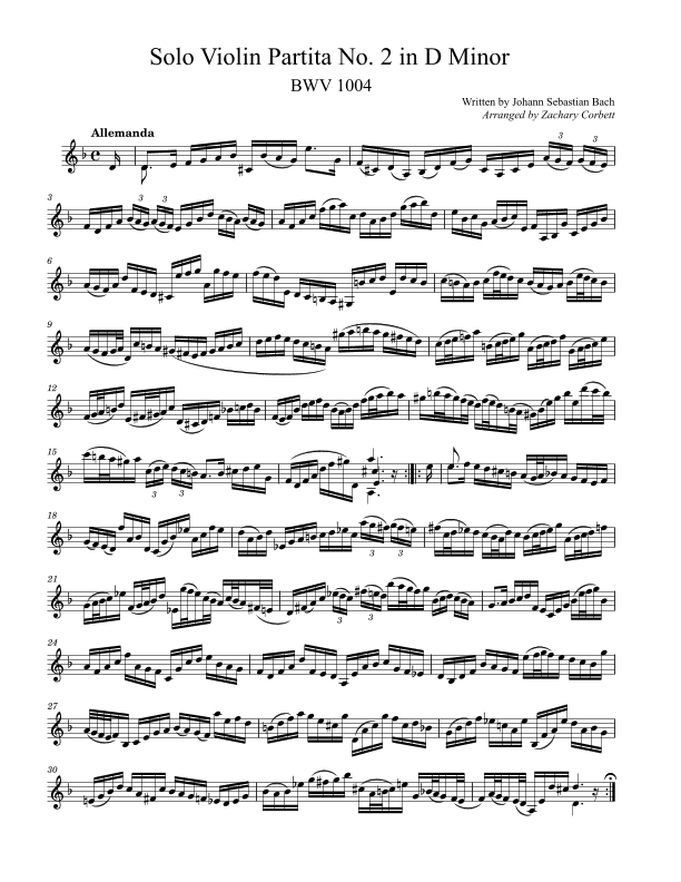 Solo Violin Partita No. 2 in D Minor BWV 1004 (arr. Zachary Corbett)
