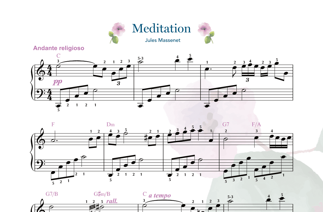 Meditation (from the opera Thaïs) arranged for Intermediate Piano with Guitar Chords (arr. Gaili Schoen for TheMusicRemedy.com)