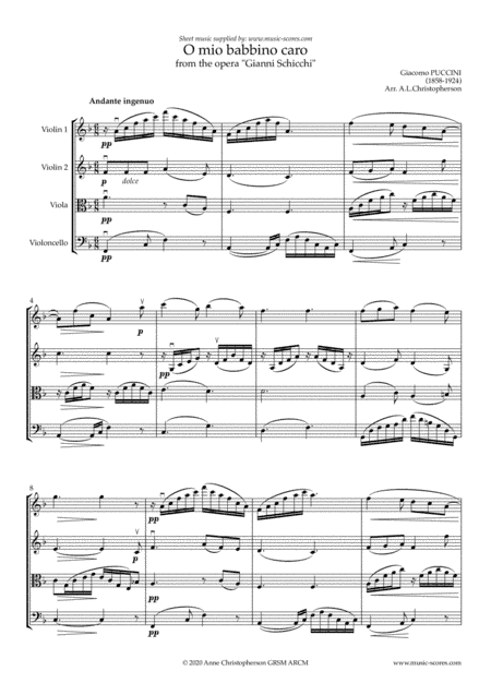 O Mio Babbino Caro - String Quartet (arr. Anne Christopherson GRSM ARCM)