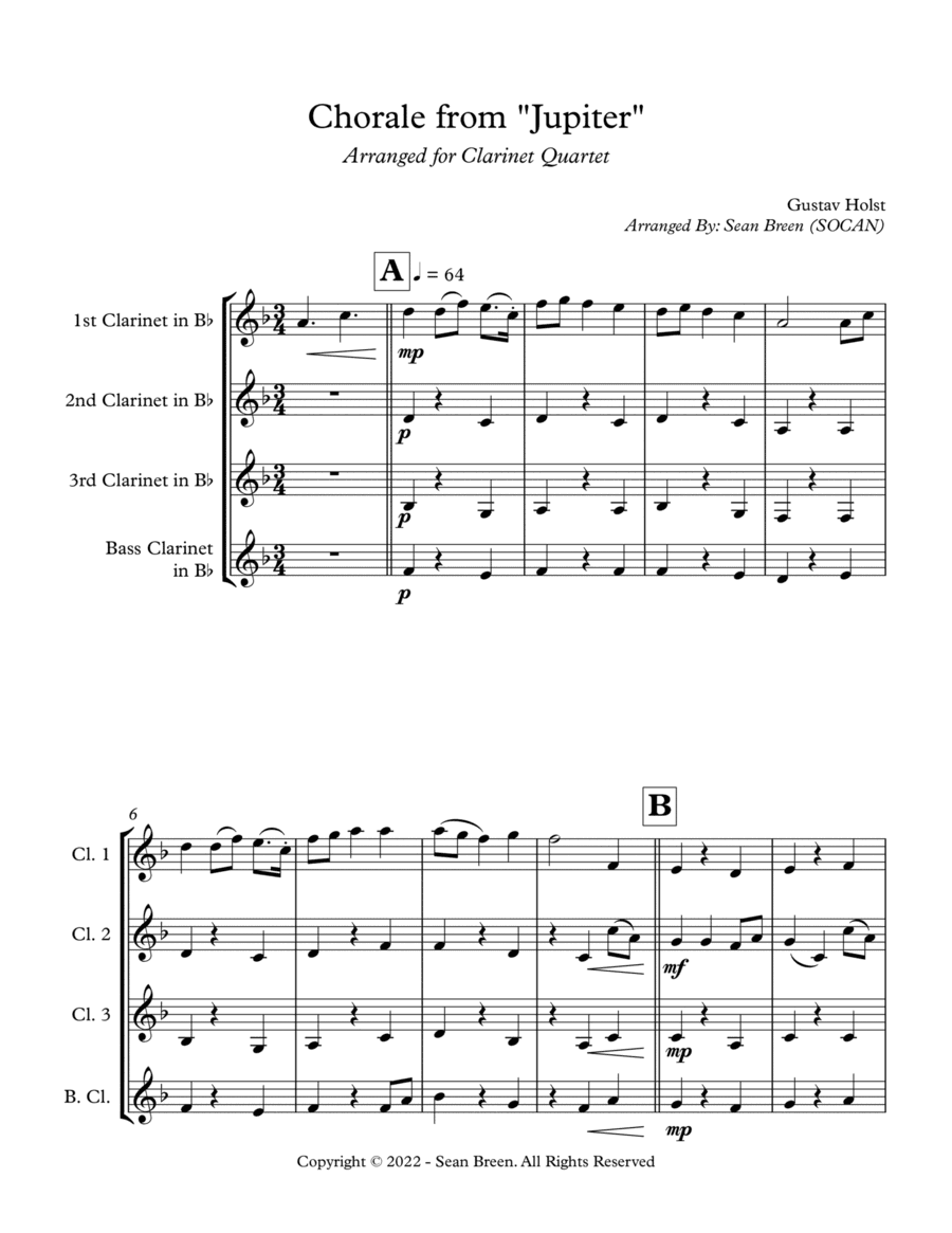 Chorale from "Jupiter" - Clarinet Quartet (arr. Sean Breen)