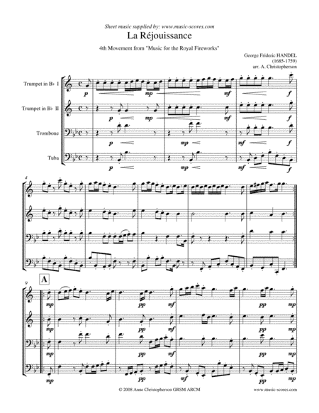 La Réjouissance - Brass Quartet (2 trumpets, trombone and tuba) (arr. Anne Christopherson GRSM ARCM)