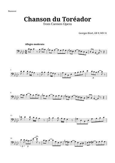 Chanson du Toreador by Bizet for Bassoon (arr. Langanho)