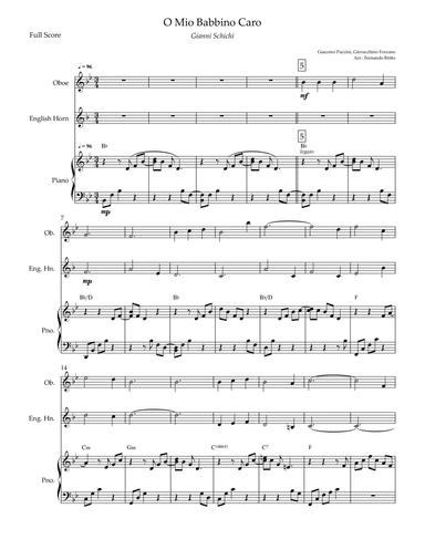 O Mio Babbino Caro (Puccini) for Oboe & English Horn Duo and Piano Accompaniment with Chords (arr. Fernando Britto)