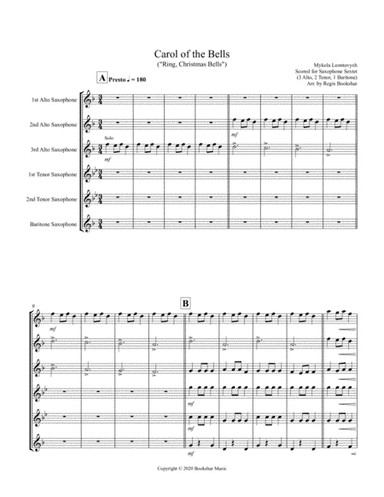 Carol of the Bells (F min) (Saxophone Sextet - 3 Alto, 2 Ten, 1 Bari) (arr. Regis Bookshar)