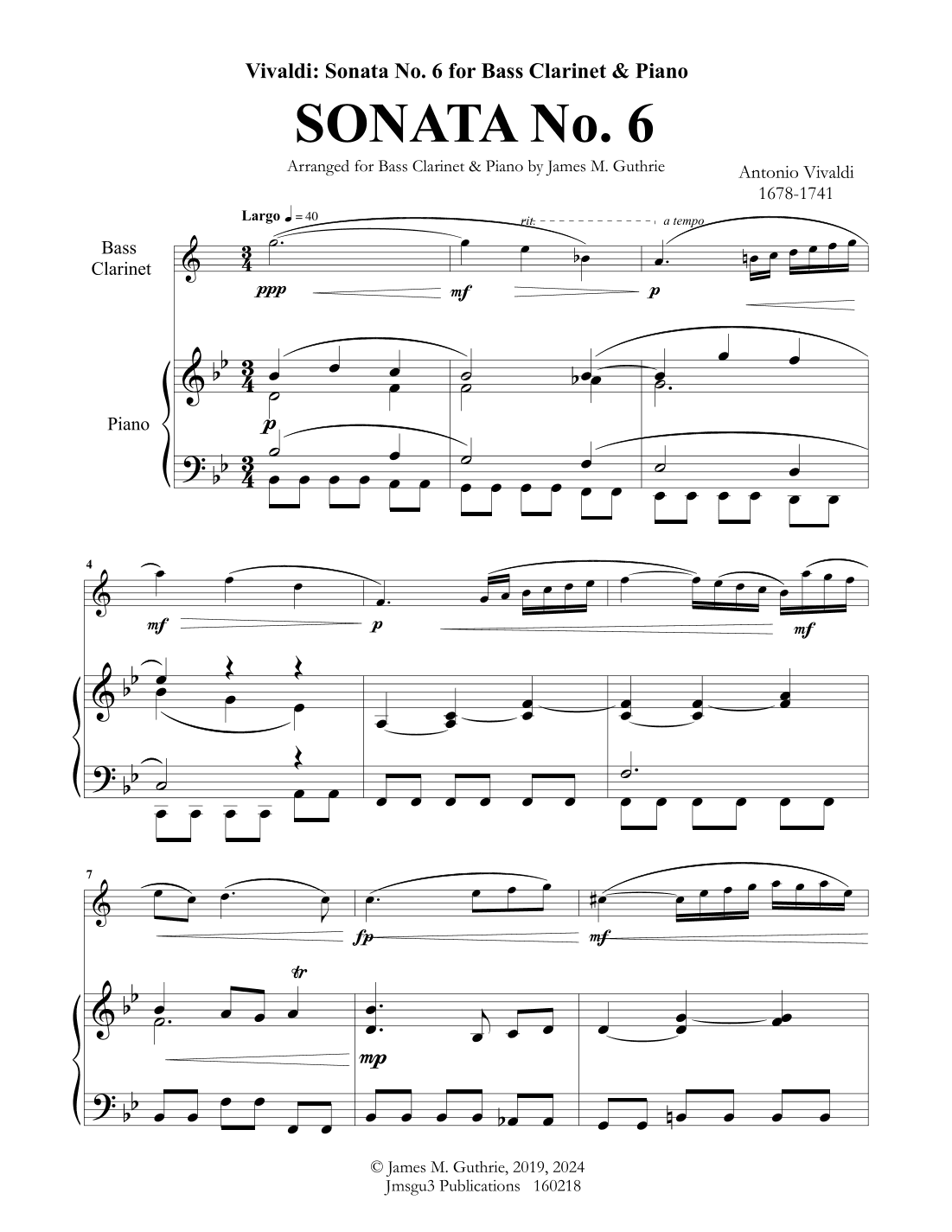 Vivaldi: Sonata No. 6 for Bass Clarinet & Piano (arr. James M. Guthrie)