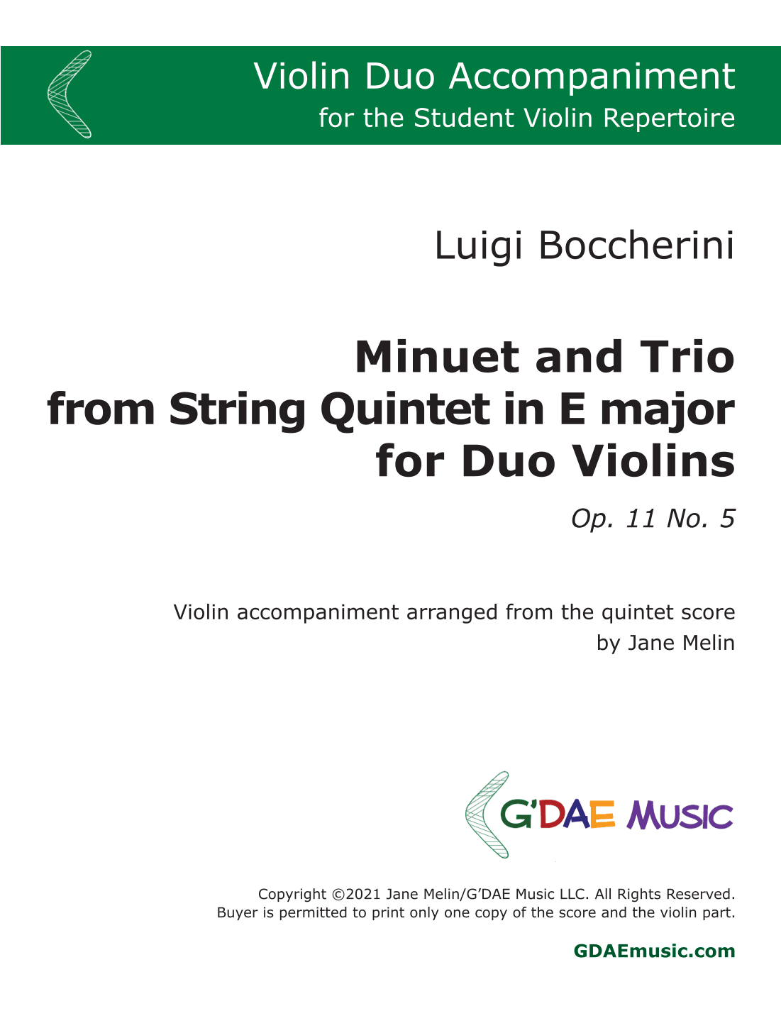 Boccherini - Minuet and Trio for Violin from Quintet Op. 11 No. 5 - Second Violin (Duo) Accompanimen (arr. Jane Melin)