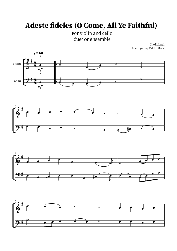 O Come, All Ye Faithful (Adeste Fideles) - Violin and Cello Duet (arr. Valdir Maia)