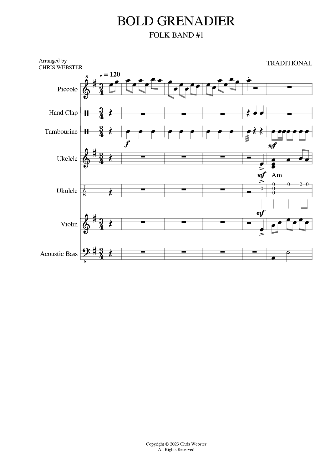 Uke Folk Band #1: Bold Grenadier - Score Only (arr. Chris Webster)