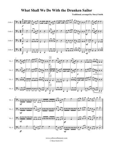 What Shall We Do With the Drunken Sailor arranged for four beginner cellos (cello quartet) (arr. Yellow Cello Music)