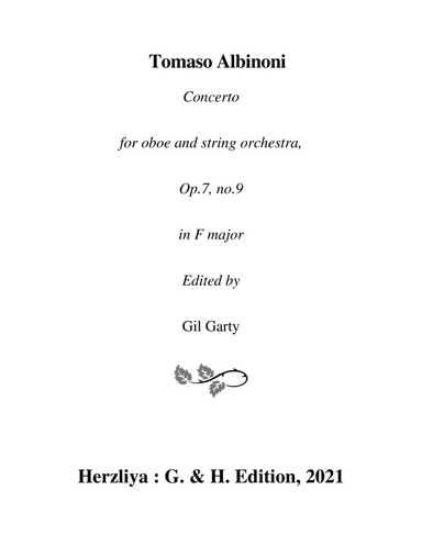 Concerto for oboe and string orchestra, Op.7, no.9 in F major (Original version - score and parts) (arr. Gil Garty)