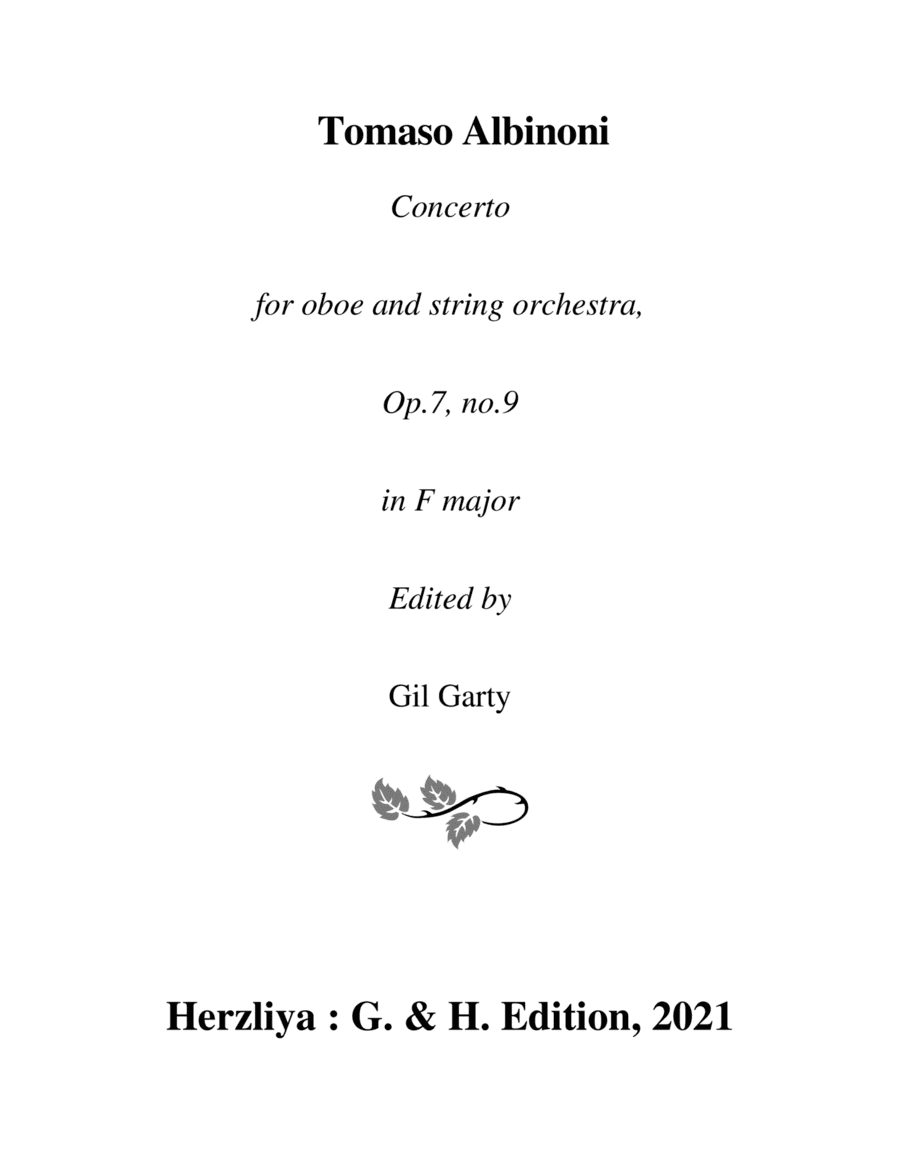 Concerto for oboe and string orchestra, Op.7, no.9 in F major (Original version - score and parts) (arr. Gil Garty)