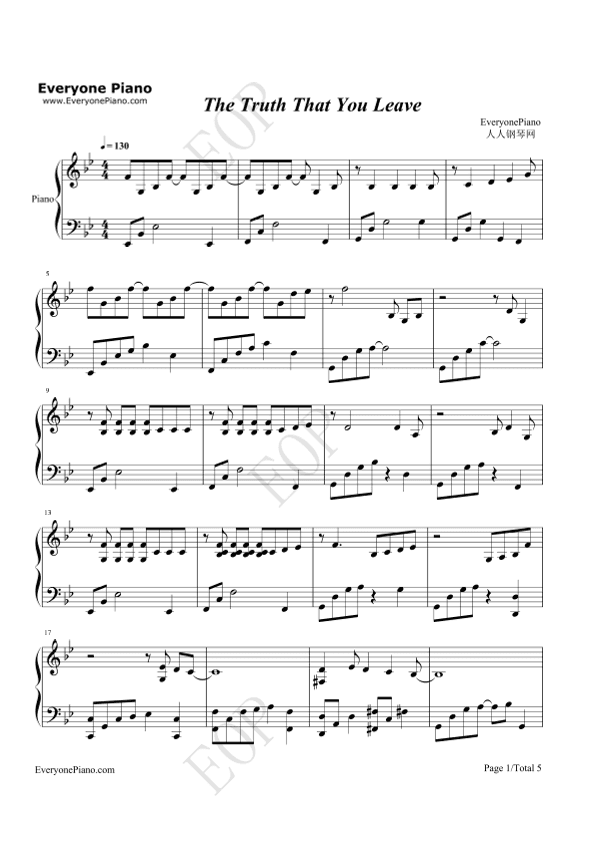 The truth that you leave,C Major,Easy Piano Solo Sheet,With Fingering