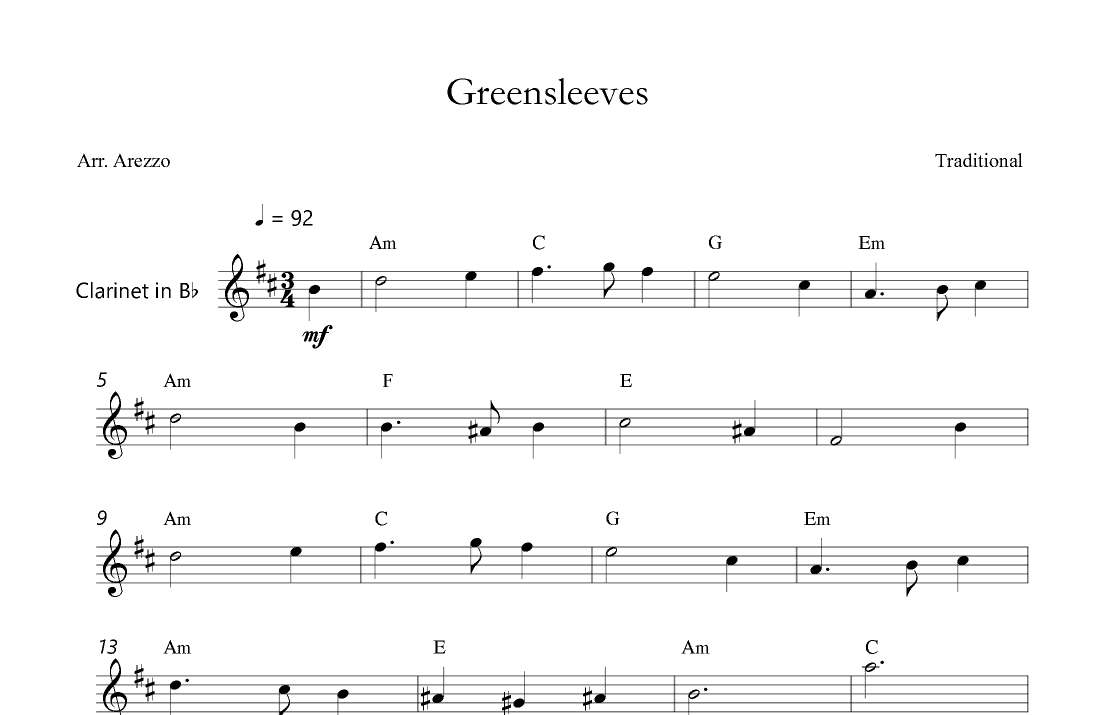 Greensleeves Lead Sheet for  Clarinet Chord Symbols (arr. Arezzo Music)