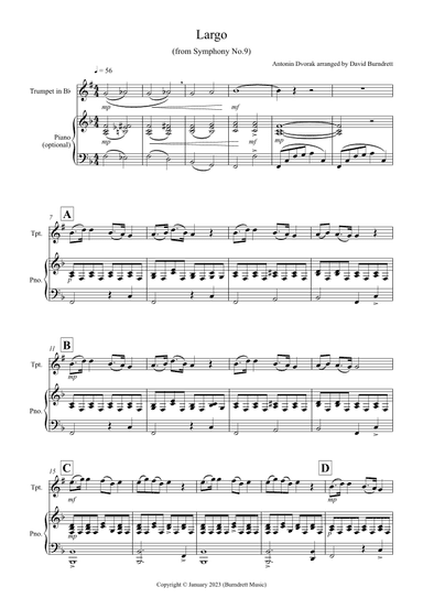 Largo (from the 'New World Symphony') for Trumpet in Bb and Piano (arr. David Burndrett)